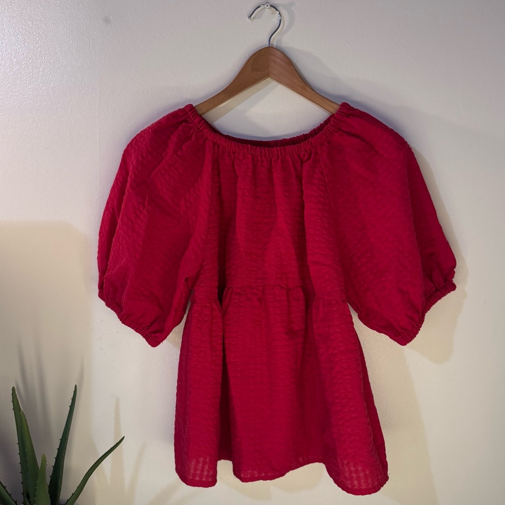 Women's Red Blouse - Off-Shoulder Puff Sleeve Top